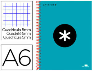 CUADERNO ESPIRAL LIDERPAPEL A6 MICRO ANTARTIK TAPA FORRADA 100H 100 GR CUADRO 5 MM 4 BANDAS COLOR TURQUESA
