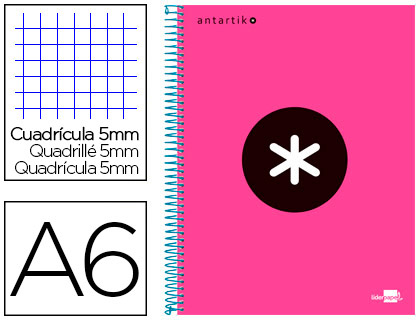 CUADERNO ESPIRAL LIDERPAPEL A6 MICRO ANTARTIK TAPA FORRADA 100H 100 GR CUADRO 5 MM 4 BANDAS COLOR ROSA