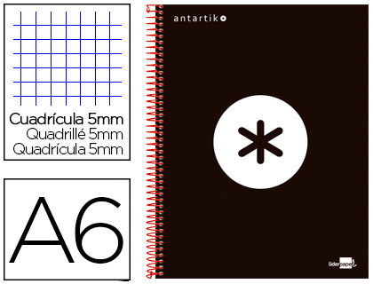 CUADERNO ESPIRAL LIDERPAPEL A6 MICRO ANTARTIK TAPA FORRADA 100H 100 GR CUADRO 5 MM 4 BANDAS COLOR NEGRO