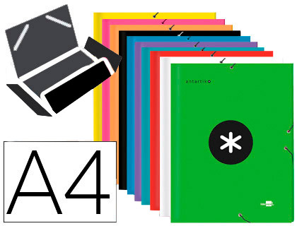 CARPETA LIDERPAPEL ANTARTIK GOMAS A4 3 SOLAPAS CARTON FORRADO COLORES SURTIDOS