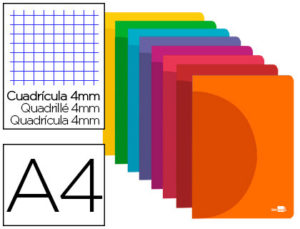 LIBRETA LIDERPAPEL 360 TAPA DE PLASTICO A4 48 HOJAS 90G/M2 CUADRO 4MM CON MARGEN COLORES SURTIDOS