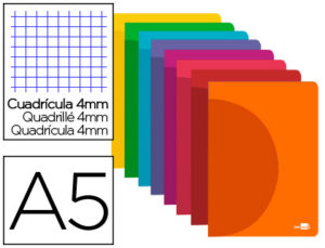 LIBRETA LIDERPAPEL 360 TAPA DE PLASTICO A5 48 HOJAS 90G/M2 CUADRO 4MM CON MARGEN COLORES SURTIDOS