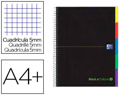 CUADERNO ESPIRAL OXFORD EBOOK 5 TAPA EXTRADURA DIN A4+ 100 H CON SEPARADORES CUADRICULA 5 MM BLACK'N COLORS VERDE