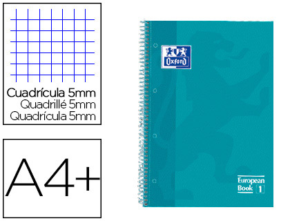 CUADERNO ESPIRAL OXFORD EBOOK 1 TAPA EXTRADURA DIN A4+ 80 H CUADRICULA 5 MM AQUA INTENSO TOUCH
