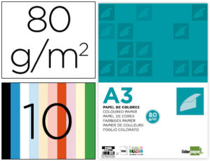 PAPEL COLOR LIDERPAPEL A3 80GR/M2 10 COLORES SURTIDOS PAQUETE 100 HOJAS