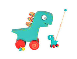 JUEGO ARRASTRE MADERA FIESTA CRAFTS CON CUATRO RUEDAS Y PALO DESMONTABLE DINOSAURIO 10X28X34 CM