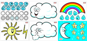 JUEGO PLANTILLAS HENBEA TRANLUCIDAS FLEXIBLES MAXI METEO 5 FIGURAS GRANDES 25 PEQUEÑAS ADHESIVO TEXTIL