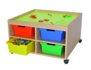 MESA MADERA MOBEDUC JUEGOS CUATRO CASILLAS CON RUEDAS HAYA/BLANCO 83X49X83 CM