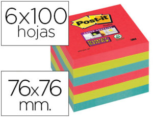 BLOC DE NOTAS ADHESIVAS QUITA Y PON POST-IT SUPER STICKY 76X76 MM CON 6 BLOC 2 ROJOS VERDE NEON AZUL