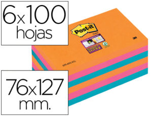 BLOC DE NOTAS ADHESIVAS QUITA Y PON POST-IT SUPER STICKY 76X127 MM CON 6 BLOC 2 ROSA NARANJA NEON AZUL