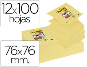 BLOC DE NOTAS ADHESIVAS QUITA Y PON POST-IT SUPER STICKY 76X76 MM ZIGZAG CON 12 BLOC AMARILLO CANARIO