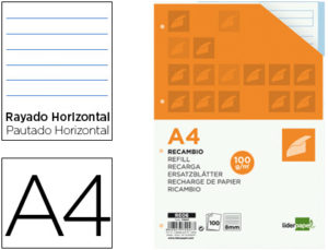 RECAMBIO LIDERPAPEL A4 100 HOJAS 100 G/M2 RAYADO HORIZONTAL 4 TALADROS BANDAS DE 5 COLORES