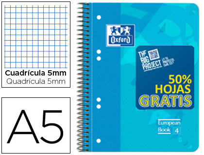 BLOC ESPIRAL OXFORD TAPA PLASTICO OPTIK PAPER MICROPERFORADO DIN A5 120 H 50% HOJAS GRATIS CUADROS 5 MM