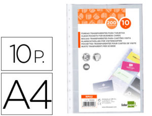 RECAMBIO FUNDAS LIDERPAPEL DIN A4 PARA TARJETERO BOLSA DE 10 HOJAS CAPACIDAD 20 TARJETAS POR HOJA