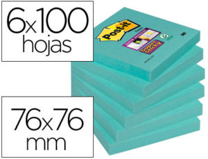 BLOC DE NOTAS ADHESIVAS QUITA Y PON POST-IT SUPER STICK 76X76 MM PACK DE 6 BLOC COLOR AGUA MARINA