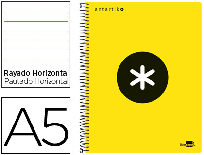 CUADERNO ESPIRAL LIDERPAPEL A5 MICRO ANTARTIK TAPA PLASTICO 120H 100 GR HORIZONTAL 5 BANDAS 6 TALADROS COLOR AMARILLO O