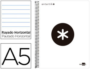 CUADERNO ESPIRAL LIDERPAPEL A5 MICRO ANTARTIK TAPA PLASTICO 120H 100 GR HORIZONTAL 5 BANDAS 6 TALADROS COLOR BLANCO