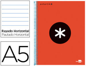 CUADERNO ESPIRAL LIDERPAPEL A5 MICRO ANTARTIK TAPA FORRADA 120H 100 GR HORIZONTAL 5 BANDAS 6 TALADROS COLOR ROJO.