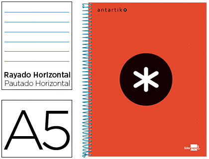 CUADERNO ESPIRAL LIDERPAPEL A5 MICRO ANTARTIK TAPA FORRADA 120H 100 GR HORIZONTAL 5 BANDAS 6 TALADROS COLOR ROJO.