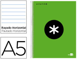 CUADERNO ESPIRAL LIDERPAPEL A5 MICRO ANTARTIK TAPA FORRADA 120H 100 GR HORIZONTAL 5 BANDAS 6 TALADROS COLOR VERDE FLUOUO
