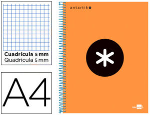 CUADERNO ESPIRAL LIDERPAPEL A4 MICRO ANTARTIK TAPA FORRADA 120H 100 GR CUADRO5MM 5 BANDAS 4 TALADROS COLOR NARANJA FLULU