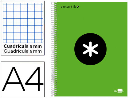 CUADERNO ESPIRAL LIDERPAPEL A4 MICRO ANTARTIK TAPA FORRADA 120H 100 GR CUADRO5MM 5 BANDAS 4 TALADROS COLOR VERDE