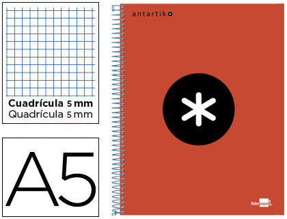 CUADERNO ESPIRAL LIDERPAPEL A5 MICRO ANTARTIK TAPA FORRADA 120H 100 GR CUADRO5MM 5 BANDAS 6 TALADROS COLOR ROJO