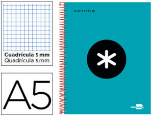 CUADERNO ESPIRAL LIDERPAPEL A5 MICRO ANTARTIK TAPA FORRADA 120H 100 GR CUADRO5MM BANDAS 6 TALADROS COLOR TURQUESA