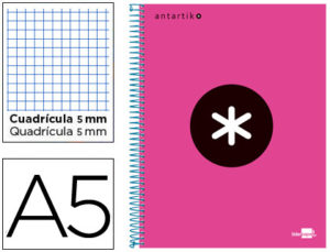 CUADERNO ESPIRAL LIDERPAPEL A5 MICRO ANTARTIK TAPA FORRADA 120H 100 GR CUADRO5MM 5 BANDAS 6 TALADROS COLOR ROSA