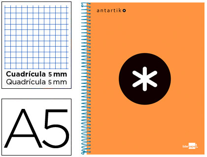 CUADERNO ESPIRAL LIDERPAPEL A5 MICRO ANTARTIK TAPA FORRADA 120H 100 GR CUADRO5MM 5 BANDAS 6 TALADROS COLOR NARANJA FLULU