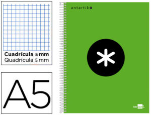 CUADERNO ESPIRAL LIDERPAPEL A5 MICRO ANTARTIK TAPA FORRADA 120H 100 GR CUADRO5MM 5 BANDAS 6 TALADROS COLOR VERDE