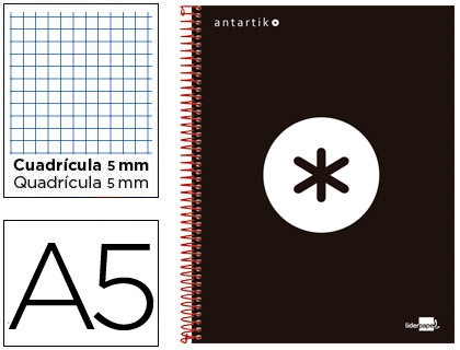 CUADERNO ESPIRAL LIDERPAPEL A5 MICRO ANTARTIK TAPA FORRADA 120H 100 GR CUADRO5MM 5 BANDAS 6 TALADROS COLOR NEGRO