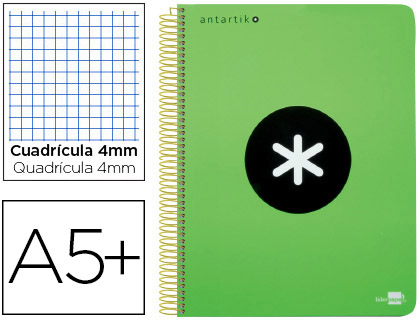 CUADERNO ESPIRAL LIDERPAPEL A4 ANTARTIK TAPA DURA 80H 100 G CUADRO 5MM CON MARGEN COLOR VERDE FLUOR