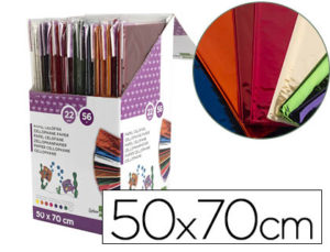 PAPEL CELOFAN LIDERPAPEL 50X70 EXPOSITOR 56 BOLSAS DE 5 HOJAS 8 COLORES SURTIDOS