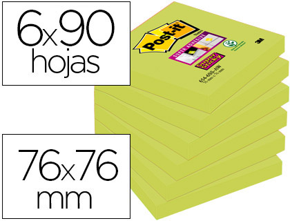 BLOC DE NOTAS ADHESIVAS QUITA Y PON POST-IT SUPER STICKY 76X76 MM CON 90 HOJAS 654 VERDE ESPARRAGO