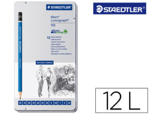 LAPICES DE GRAFITO STRAEDTLER MARS LUMOGRAPH 100 CAJA METALICA DE 12 LAPICES 8B- 7B-6B-5B-4B-3B-2B-B-HB-F-H-2H