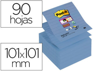 BLOC DE NOTAS ADHESIVAS QUITA Y PON POST-IT SUPER STICKY RAYADO 101X101MM 90 HOJAS Z-NOTES AZUL