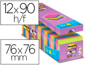 BLOC DE NOTAS ADHESIVA QUITA Y PON POST-IT SUPER STICKY 76X76 MM 90 HOJAS COLORES SURTIDOS PACK DE 21 + 3