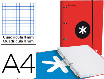 CARPETA CON RECAMBIO LIDERPAPEL ANTARTIK A4 CUADRO 5 MM FORRADA 4 ANILLAS 25MM COLOR ROJO