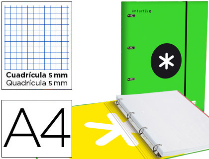 CARPETA CON RECAMBIO LIDERPAPEL ANTARTIK A4 CUADRO 5 MM FORRADA 4 ANILLAS 25MM COLOR VERDE
