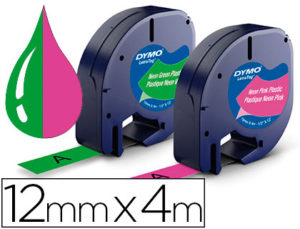 CINTA DYMO LETRATAG 12 MM X 4 M PACK DE 2 UNIDADES ROSA NEON/VERDE NEON
