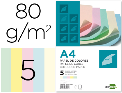 PAPEL COLOR LIDERPAPEL A4 80G/M2 5 COLORES SURTIDOS PAQUETE DE 500