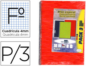 CUADERNO ESPIRAL LIDERPAPEL FOLIO 80H CUADRO 4MM TFORRADA LIDERPAPEL PACK DE3 BLOCS
