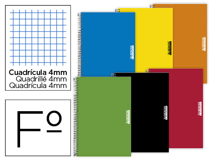 CUADERNO ESPIRAL PAPERCOP FOLIO TAPA EXTRADURA 80 HOJAS CUADRO 4 MM CON MARGEN 70 GR COLORES SURTIDOS