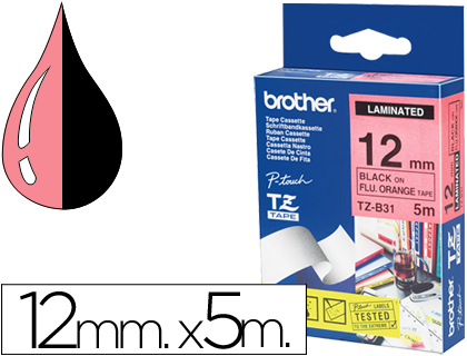 CINTA BROTHER TZEB31 LAMINADA NARANJA/FLUORESCENTE-NEGRO 12 MM X 5MTS