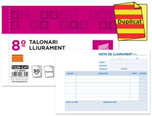 TALONARIO LIDERPAPEL ENTREGAS 8º ORIGINAL Y COPIA T228 APAISADO TEXTO EN CATALAN