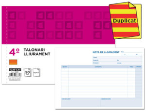 TALONARIO LIDERPAPEL ENTREGAS CUARTO ORIGINAL Y COPIA T229 APAISADO TEXTO EN CATALAN